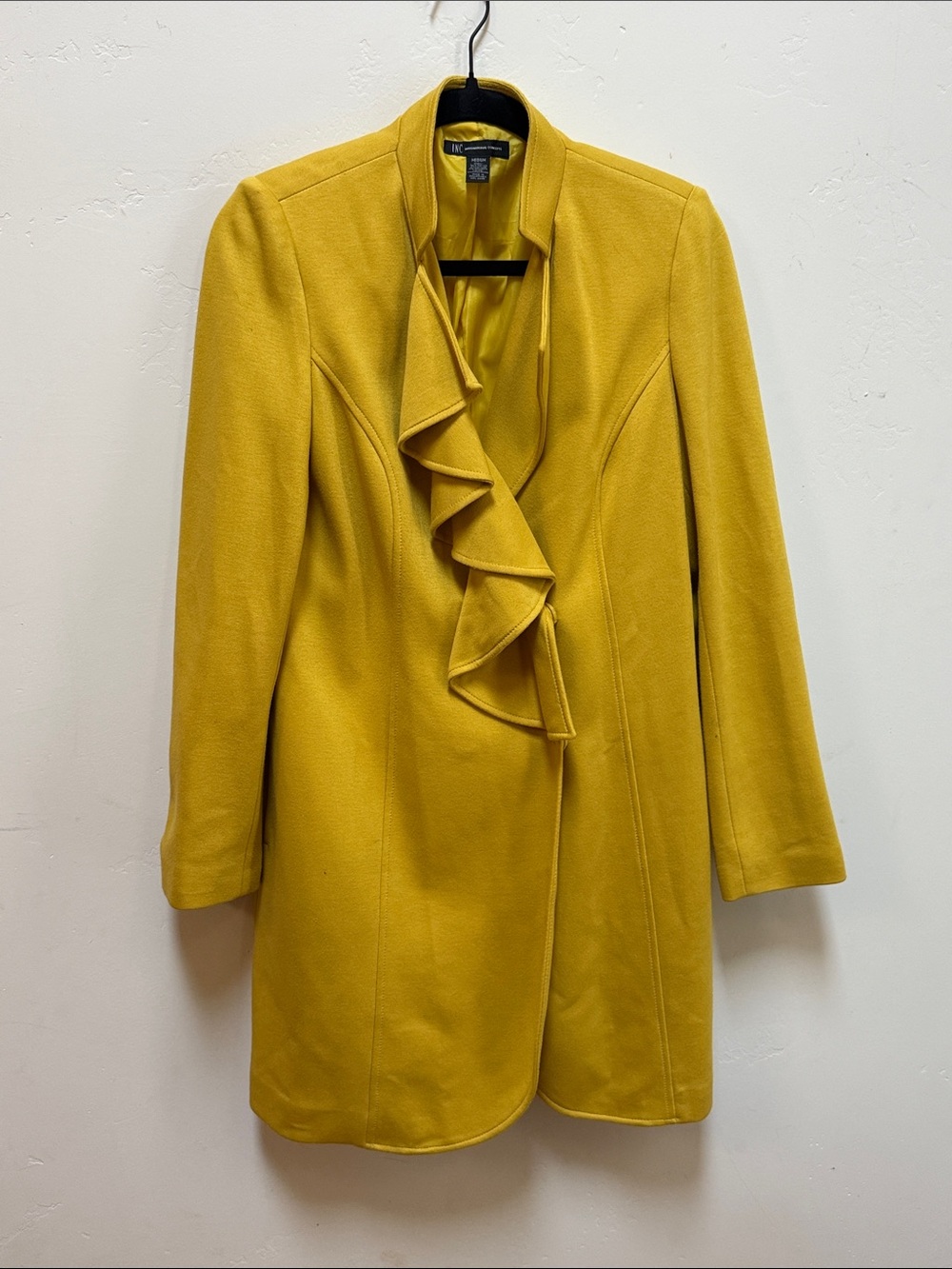 INC Mustard Ruffle Front Trench Coat